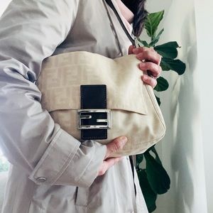 FENDI Zucca Mamma Baguette Shoulder Bag Canvas Leather Beige